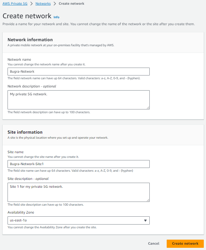AWS Private 5G - Create network step on AWS Management Console. 
